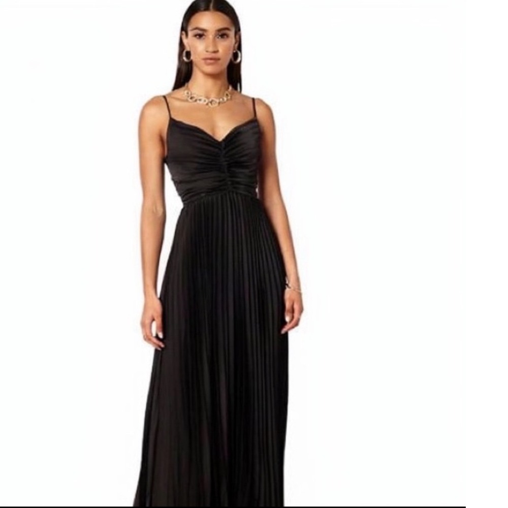 Petal & Pup Black Naira Pleated Satin Maxi Dress V-Neck Formal Gown US 4